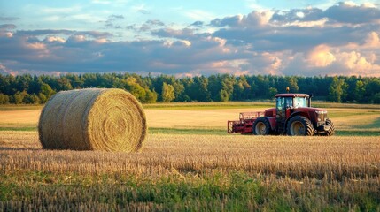 Obraz premium Hay Bale and Tractor on a Field