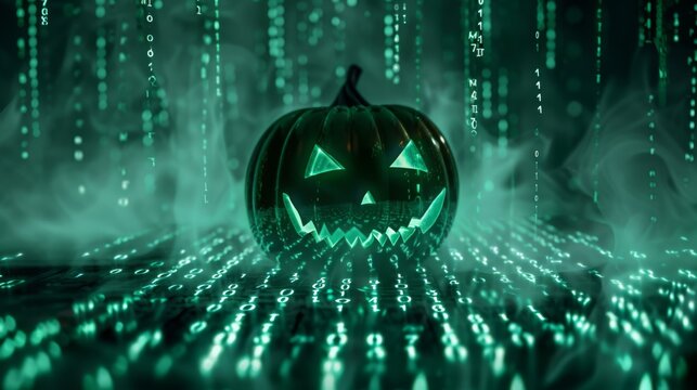 Halloween pumpkin glows with a digital green hue, surrounded by cascading binary code. The misty background enhances the eerie, tech-themed Halloween atmosphere