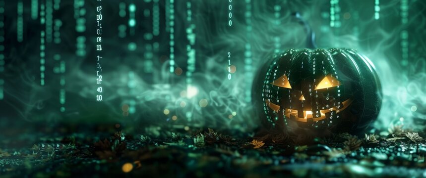 A glowing jack-o'-lantern with a binary code pattern sits in a misty, green-lit digital forest, blending Halloween spookiness with a futuristic theme