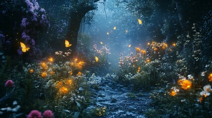 Fototapeta premium Enchanted Forest Path with Glowing Butterflies and Flowers