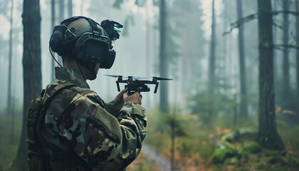 Fototapeta premium Military army soldier FPV drone pilot flying a drone in a forest. Secret operation, weaponized modern technology, war strategy, aerial defense, assault