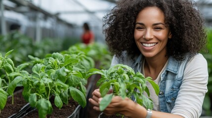 A curly-haired gardener dressed casually is nurturing young plants in a greenhouse, radiating joy, contentment, and a deep connection with the natural world.