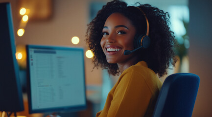 Freundliche Mitarbeiterin mit Headset am Computer in einem modernen Büro – Kundenservice, Support und professionelle Kommunikation