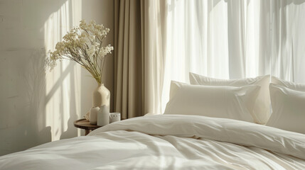 A visual of a minimalist bedding set display, focusing on simplicity, clean lines, and high-quality materials.