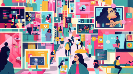 A visual of a multi-channel advertising campaign, with cohesive messaging across print, digital, and social media.