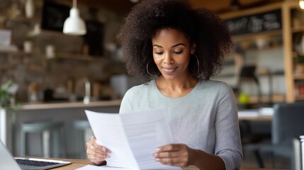 A woman wearing a gray sweater reads through papers in a cozy room, surrounded by plants, indicating a comfortable and relaxed working environment at home or a café.