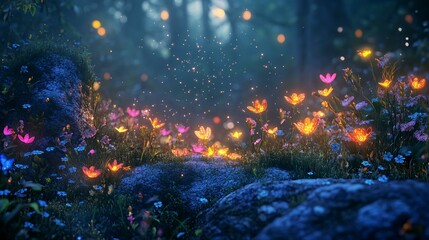 Fototapeta premium Glowing Flowers and Fireflies in a Twilight Forest