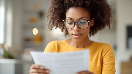 An individual wearing a yellow top is fully engaged in reading a paper within a well-organized and modern indoor setting, highlighting focus and attention to detail.