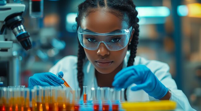Candid black pharmaceutical lab specialist analysing medicine vials & hospital patient samples African american female medical student working in science laboratory on research PPE protective clothing - Powered by Adobe