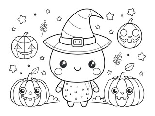 Happy Halloween Hand drawn kawaii coloring book illustration AI generated