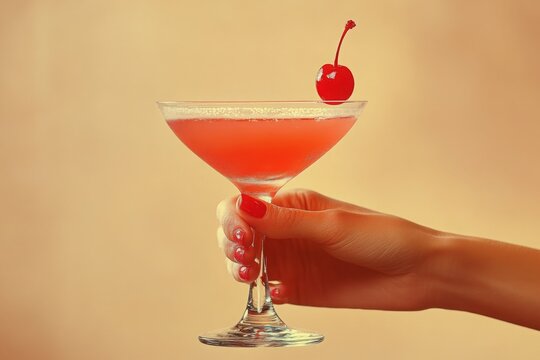 a vintage retro female hand holding a cocktail isolated on a plain background, 1960s and 70s style