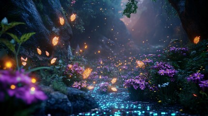Fototapeta premium Glowing Butterfly and Floral Stream in a Mystical Forest