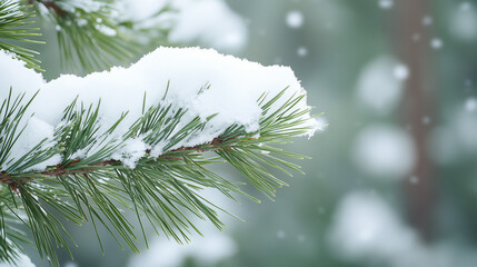 Pine Branch with Fresh Snowfall in Winter Close-Up