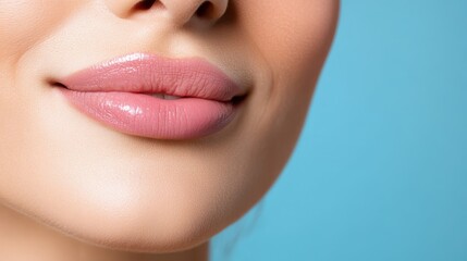 Obraz premium A close-up shot of glossy, well-nourished lips showcasing perfect makeup, emphasizing the smooth texture and vibrant color for beauty and cosmetic themes.