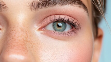 Fototapeta premium A detailed image showing an eye with light makeup and clean eyebrows, focusing on the natural beauty and expressive qualities of the eye, ideal for beauty themes.