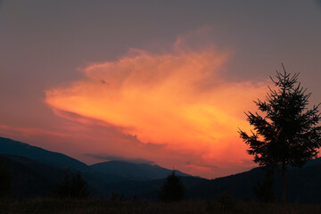 Dramatic red sunset in the mountains