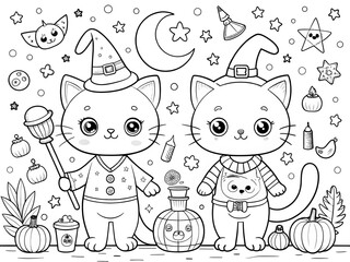 Happy Halloween Hand drawn kawaii coloring book illustration AI generated