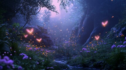 Enchanting Forest Path with Glowing Butterflies and Fireflies