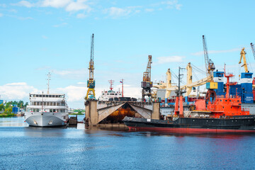 Ships in the port of the Island. Kanonersky ostrov, Russia - 26 July 2024