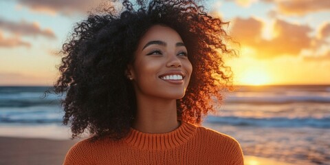 Black woman, happy and meditation with breathing on beach for fresh air or spiritual yoga in nature. Faith, person or peaceful by ocean for sunset worship, holistic mindset or zen with mockup space
