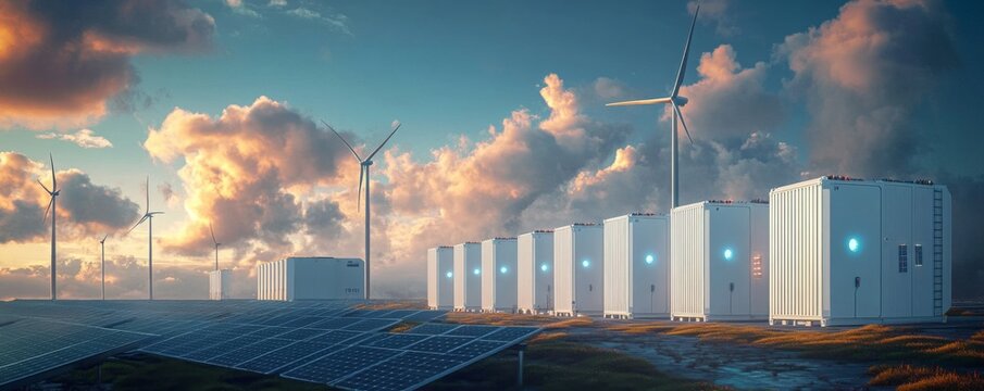 Concept of energy storage batteries system, wind power, wind turbines and Li-ion battery container, and solar panels in the background. Panoramic view with copy space.
