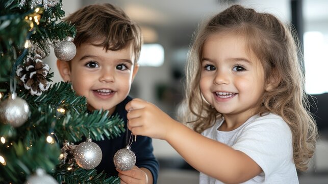 A closeup of two children hanging silver ornaments on a decorated Christmas tree, capturing the joy and excitement of the holiday season in a cozy living room setting.