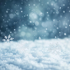 Falling Snowflakes in Winter Scene with Snowy Ground and Soft Bokeh Background