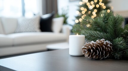 A festive living room highlighted by a well-decorated Christmas tree, pine cones, and candles, with a view of a snowy outdoors, exuding cozy winter ambiance and holiday cheer.