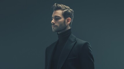 Fototapeta premium A Profile Portrait of an Attractive Man in a Black Blazer and Turtleneck Against a Dark Grey Background