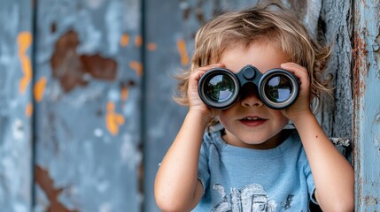 A child is seen exploring and peering through binoculars outdoors, against a rustic backdrop. The image captures curiosity and adventure in a natural setting.