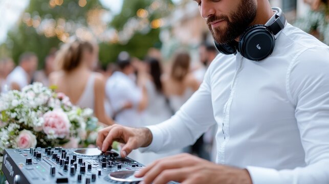 DJ wearing white attire, focused on mixing music in an elegant outdoor celebration setting, surrounded by flowers and guests dressed in white, creating a chic atmosphere.