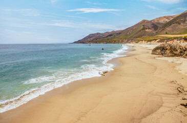 Highway 1 and Big Sur along the Pacific Ocean coast, beautiful landscape and aerial view, sunset, sunrise, fog. Concept, travel, vacation, weekend