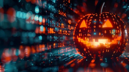 A glowing jack-o'-lantern with numbers and binary code projected onto it. Set against a dark background with vibrant red and blue digital patterns, merging Halloween with a tech theme