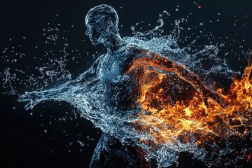 Runner silhouette with fiery and water elements on dark backgrou