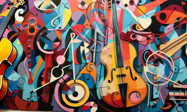 Abstract collage of vibrant cutout images of musical instruments and notes.