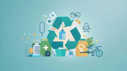 A visual of circular economy innovations in healthcare, from sustainable packaging to eco-friendly medical devices.