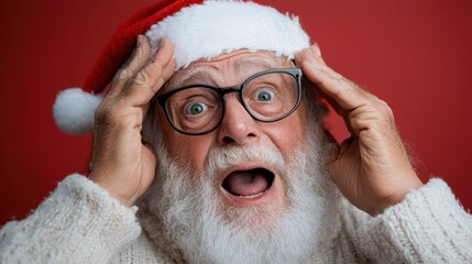 A bearded man in a Santa hat holding his head with both hands captures emotions of stress or relief against a festive red background. This holiday-themed image represents both cheer and strain.