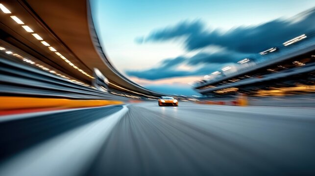 A dynamic shot of a race car speeding on a curved racetrack during twilight, with illuminated stands and a dramatic, cloud-covered sky in the background.