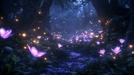 Glowing Purple Flowers and Fireflies in a Dark Forest