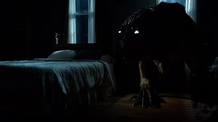 Nightmarish creature with large black eyes emerging from window darkness in haunted bedroom, Halloween horror concept