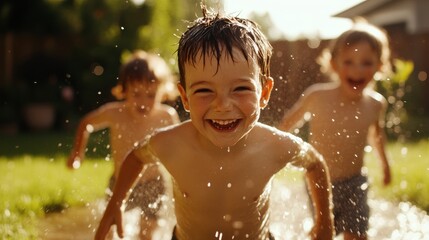 Obraz premium A trio of kids, filled with delight, splash around in water, embodying the carefree and joyful spirit of a sunlit summer afternoon.