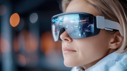 A profile side view of a woman wearing futuristic tech glasses, symbolizing the blend of advanced digital technology in daily human interactions and activities.