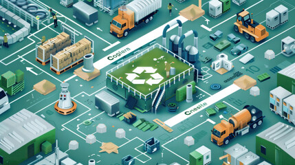 A visual of how the circular economy is transforming manufacturing, from material sourcing to product end-of-life recycling.