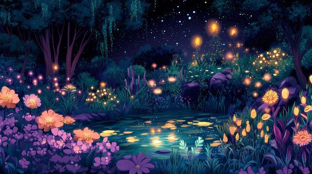 Whimsical vector illustration of an enchanted garden at dusk, featuring fairies, glowing flowers, and a mystical pond. Dryad. Illustration