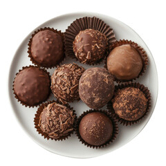 Rich chocolate truffles on a white plate showcasing various exquisite fillings and chocolate shavings isolated on a white background