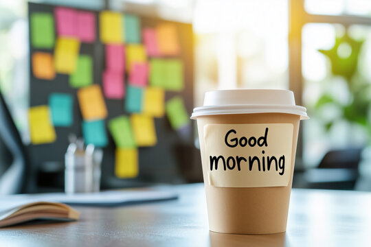 A disposable coffee cup with a "Good morning" note attached to it,placed on a desk in a modern office.The background shows colorful sticky notes on a board,creating a positive and motivating workspace