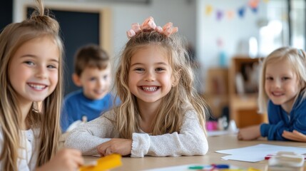 Children seated around a classroom table participating in creative activities, producing artwork with various materials, reflecting a lively learning environment full of curiosity and discovery.