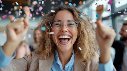 A smiling woman exuberantly celebrates amidst a cascade of bright confetti, reflecting joy and enthusiasm in a vibrant, energetic environment.
