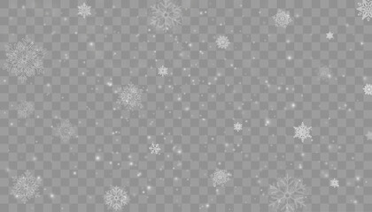 Tiny flying snow flakes illustration. Snowstorm dust freeze shapes. Snowfall sky white transparent wallpaper. Flat snowflakes january vector. Snow hurricane landscape.