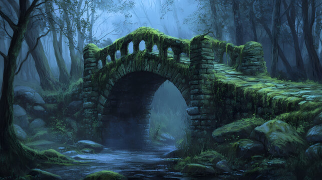 Troll bridge, mossy stones, dusk, troll s domain scene, under bridge, twilight dampness, guarded passage. Troll Bridge. Illustration